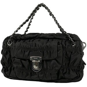 Prada Logo Chain Handbag Shoulder Bag Gathered Nero Black